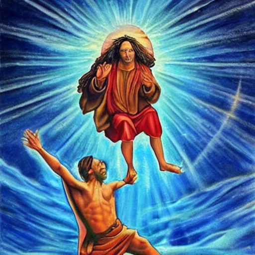 Image similar to tommy wiseau jesus break dances on the water, biblical, oil painting, sunny, beautiful