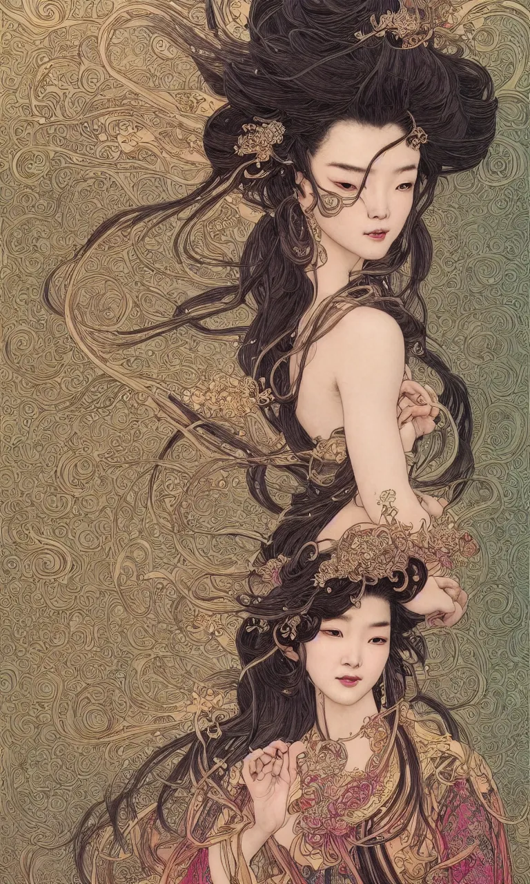 Prompt: a beautiful portrait of an ancient chinese princess, flowing hair, fantasy, regal, intricate, art nouveau, swirly intricate linework background by stanley artgerm lau, greg rutkowski, victo ngai, alphonse mucha, loish, norman rockwell