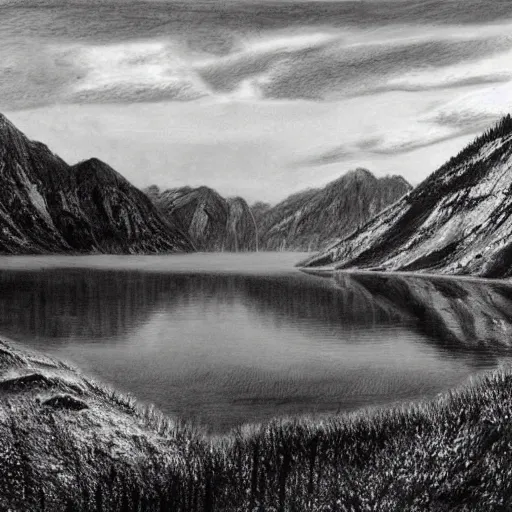 Image similar to lago di sorapis, hyper - realistic black and white drawing, hyper detailed