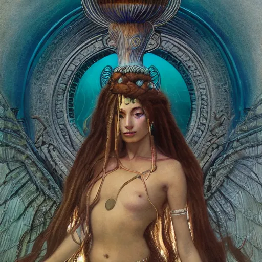 Image similar to birth of sumerian goddess inanna ishtar, ashteroth, techno mystic goddess princess intergalactica, with aqua neon rapunzel dreadlocks, mami wata, detailed, by gaston bussiere, bayard wu, greg rutkowski, giger, maxim verehin, greg rutkowski, masterpiece, sharp focus, sandro botticelli