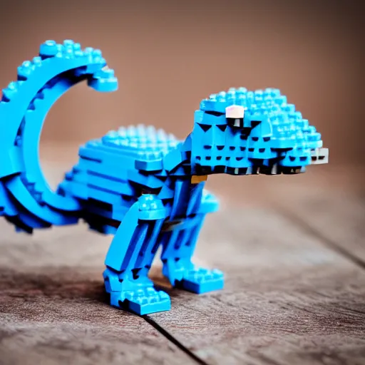 Image similar to lego mini build of a blue dancing dinosaur, product photography, depth of field