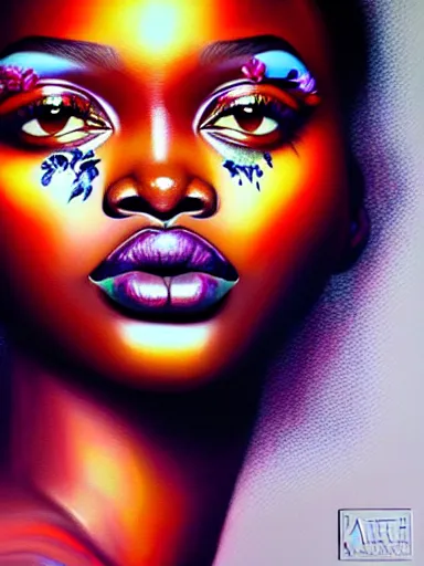 Image similar to portrait of duckie thot with a floral background : : painted by artgerm, karol bak, artur bordalo, sandra chevrier : : portrait, character, illustration, hyperrealism, photorealism,