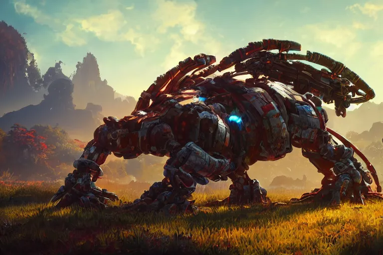 Image similar to shellsnapper machine mecanical creature robot of horizon forbidden west horizon zero dawn radiating a glowing aura global illumination ray tracing hdr fanart arstation by ian pesty and alena aenami artworks in 4 k