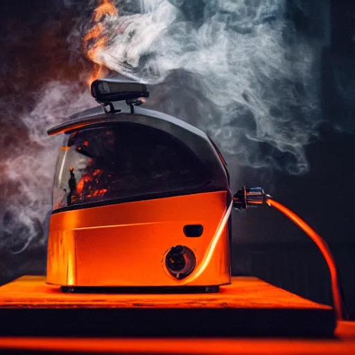 Image similar to toaster oven mecha head, dark messy smoke - filled cluttered workshop, dark, dramatic lighting, orange tint, sparks, cinematic, highly detailed, sci - fi, futuristic, movie still