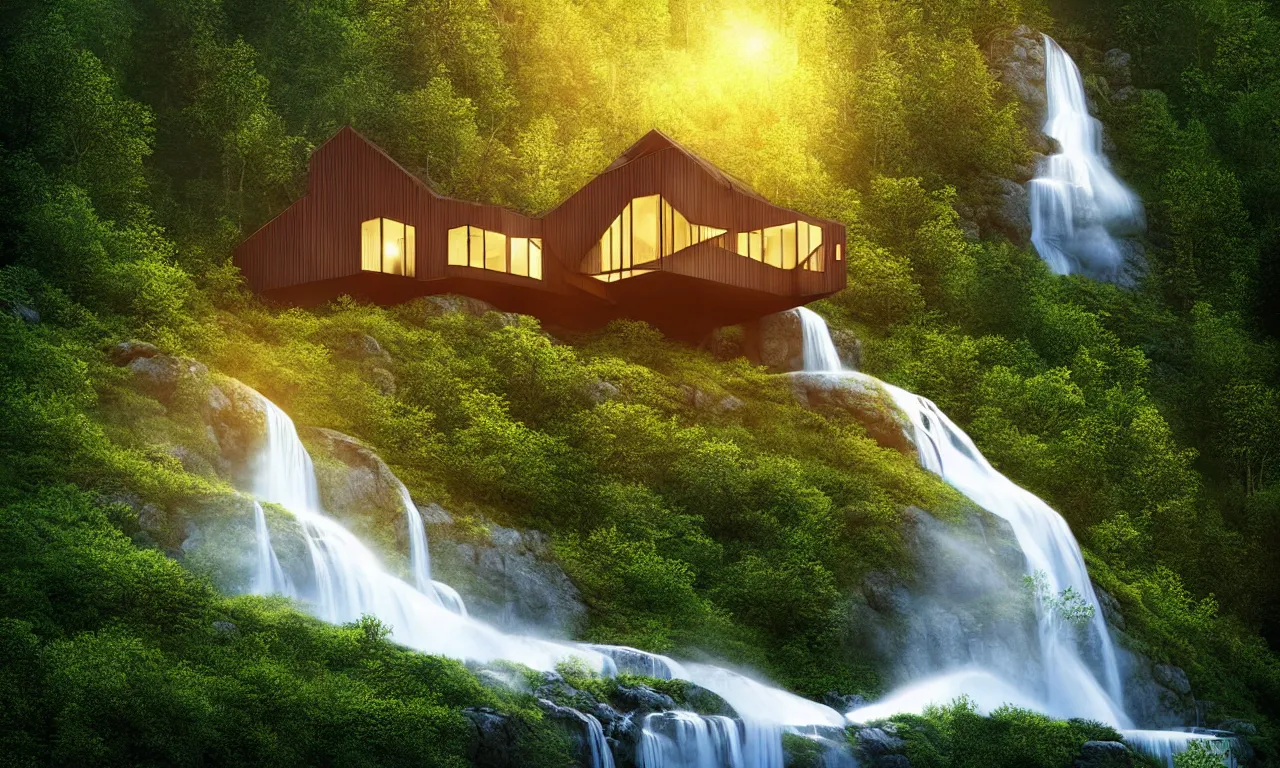 Prompt: scandinavian house in the forest on a hill, by artgerm, vector style, waterfall flows down from the mountain, vector art, fabulous, global illumination, warm lighting