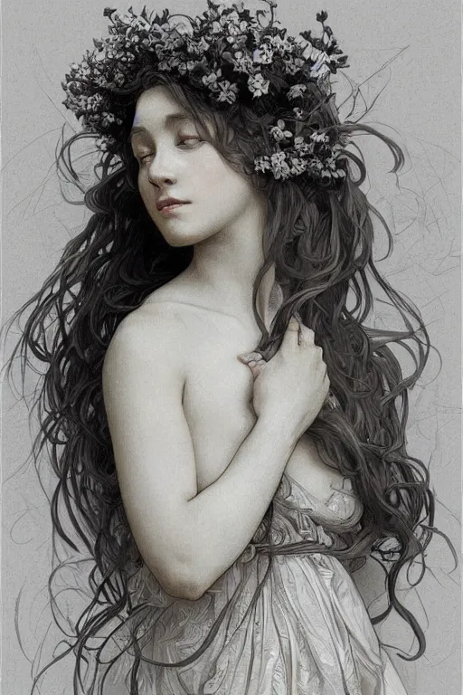 Image similar to beautiful natural coy cottagecore peasant maiden life drawing, intricate, elegant, highly detailed, digital painting, artstation, concept art, smooth, sharp focus, illustration, art alphonse mucha and james gurney and wlop