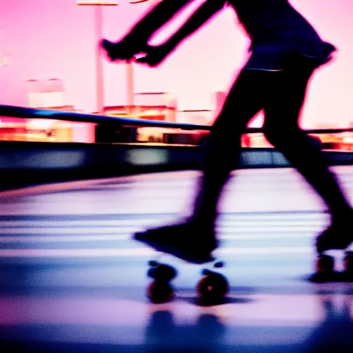 Image similar to a roller skater in a cinematic closeup. in santa monica at blue hour. canon eos c 3 0 0, ƒ 1. 8, 3 5 mm. 8 k. inspired by roger deakins cinematography