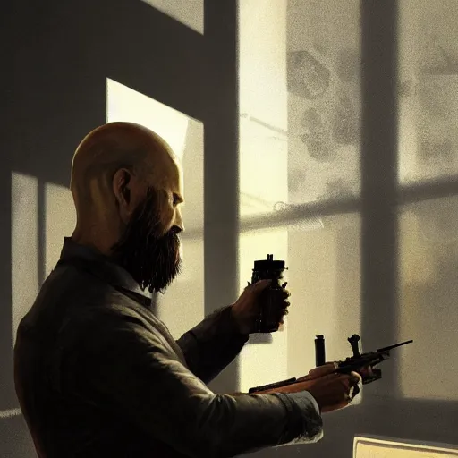 Prompt: painting of an undercover cup, concept art, bald, beard, max payne, call of duty, sin city, golden hour, city environment, dramatic lighting, digital art, 8 k, extremely detailed, drawn by ruan jia