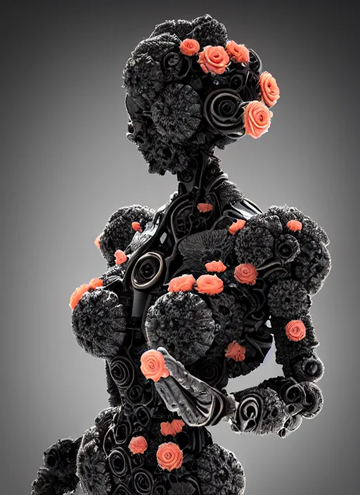 Image similar to biomechanical black marble statue carrying perfume bottle. enchanted coral kingdom made of corals, daisies, roses well contoured smooth fair walls, up close shot, sharp focus, global illumination, radiant light, alexandre ferra white mecha, irakli nadar, octane highly render, 4 k, ultra hd,