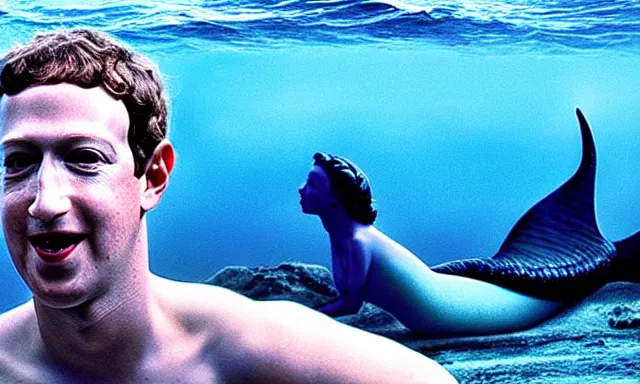 Image similar to mark zuckerberg as a mermaid ruling the ocean, photorealistic, cinematic lighting, highly detailed, extremely realistic color photograph by stanley kubrick