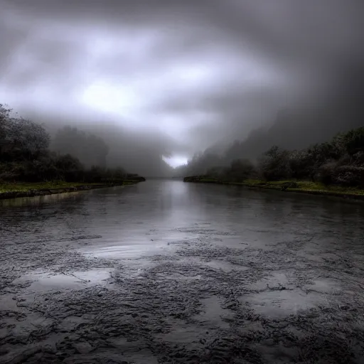 Prompt: the underworld river, gloomy, HD.