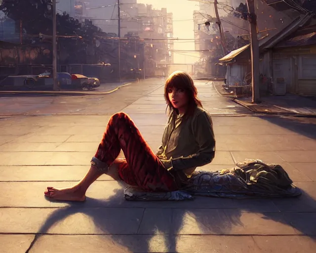 Prompt: Highly detailed portrait of homeless Taylor Swift barefooted, in GTA V, Stephen Bliss, unreal engine, fantasy art by Greg Rutkowski, Loish, Rhads, ferdinand knab, Makoto Shinkai and Lois van baarle, ilya kuvshinov, rossdraws, Tom Bagshaw, global illumination, radiant light, detailed and intricate environment