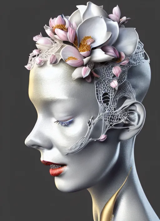 Prompt: complex 3d render ultra detailed of a beautiful porcelain profile woman face, mechanical cyborg, 150 mm, beautiful natural soft light, rim light, silver gold details, bloom magnolia big leaves and stems, roots, fine foliage lace, maze like, mesh wire, intricate details, hyperrealistic, ultra detailed, mandelbrot fractal, anatomical, red lips, white metal armor, facial muscles, cable wires, microchip, elegant, high fashion, octane render, H.R. Giger style, 8k