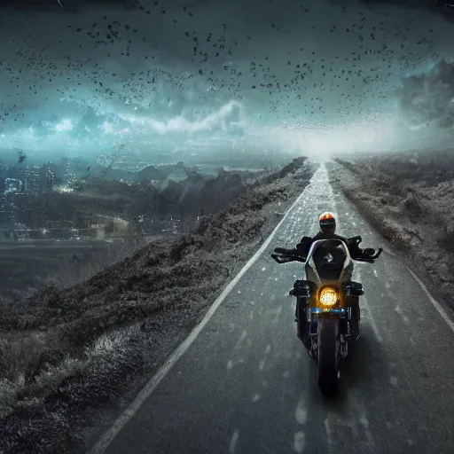 Image similar to A lonesome wanderer riding a motorcycle, dark uncanny road to a huge hive city sparkling with city lights, dark clouds, descent into madness, death, i am the night, realistic 4k octane beautifully detailed render, 4k post-processing, highly detailed, intricate complexity, epic composition, magical atmosphere, cinematic lighting, masterpiece, ultra hd