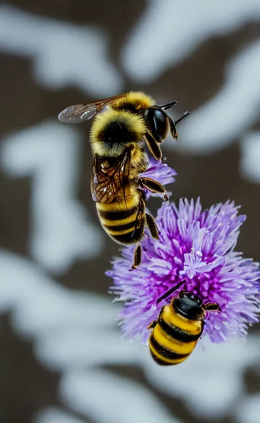 Image similar to a bee finding a beautiful flower, both entrapped in ice, only snow in the background, beautiful macro photography, ambient light