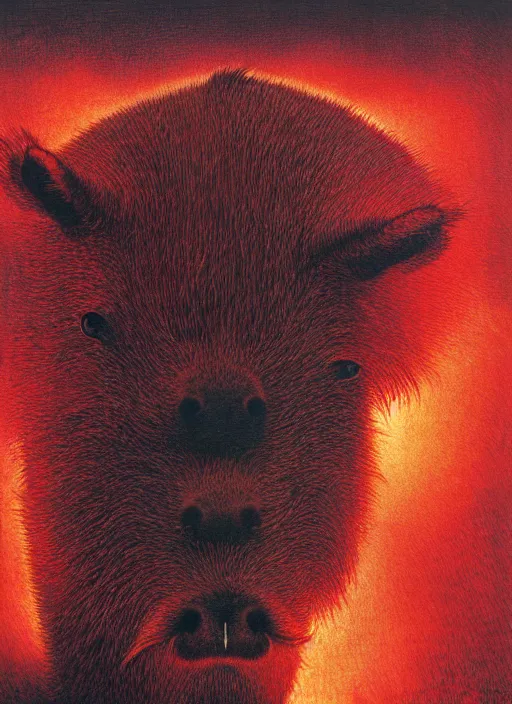 Image similar to a side view of spirit of chthonic demonic capybara with red eyes, on background red lake on fire, highly detailed, art by Ayami Kojima, Beksinski, Giger