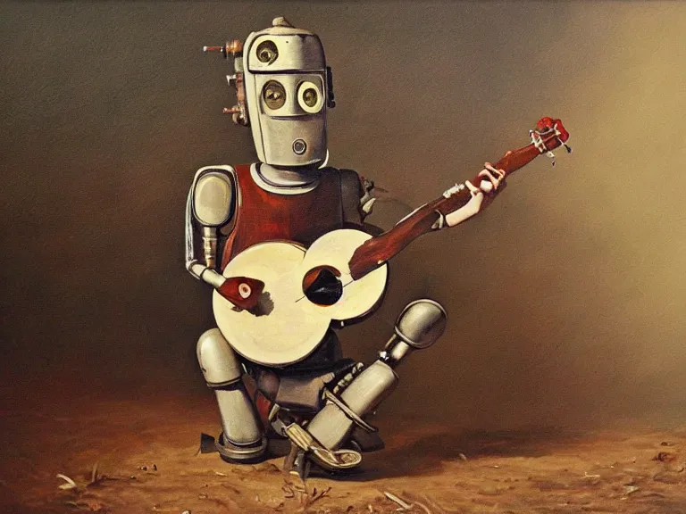 Prompt: painting of a country bumpkin robot playing a banjo, straw in his mouth, style of chriss foss, high detail, hyper realistic, 8 k