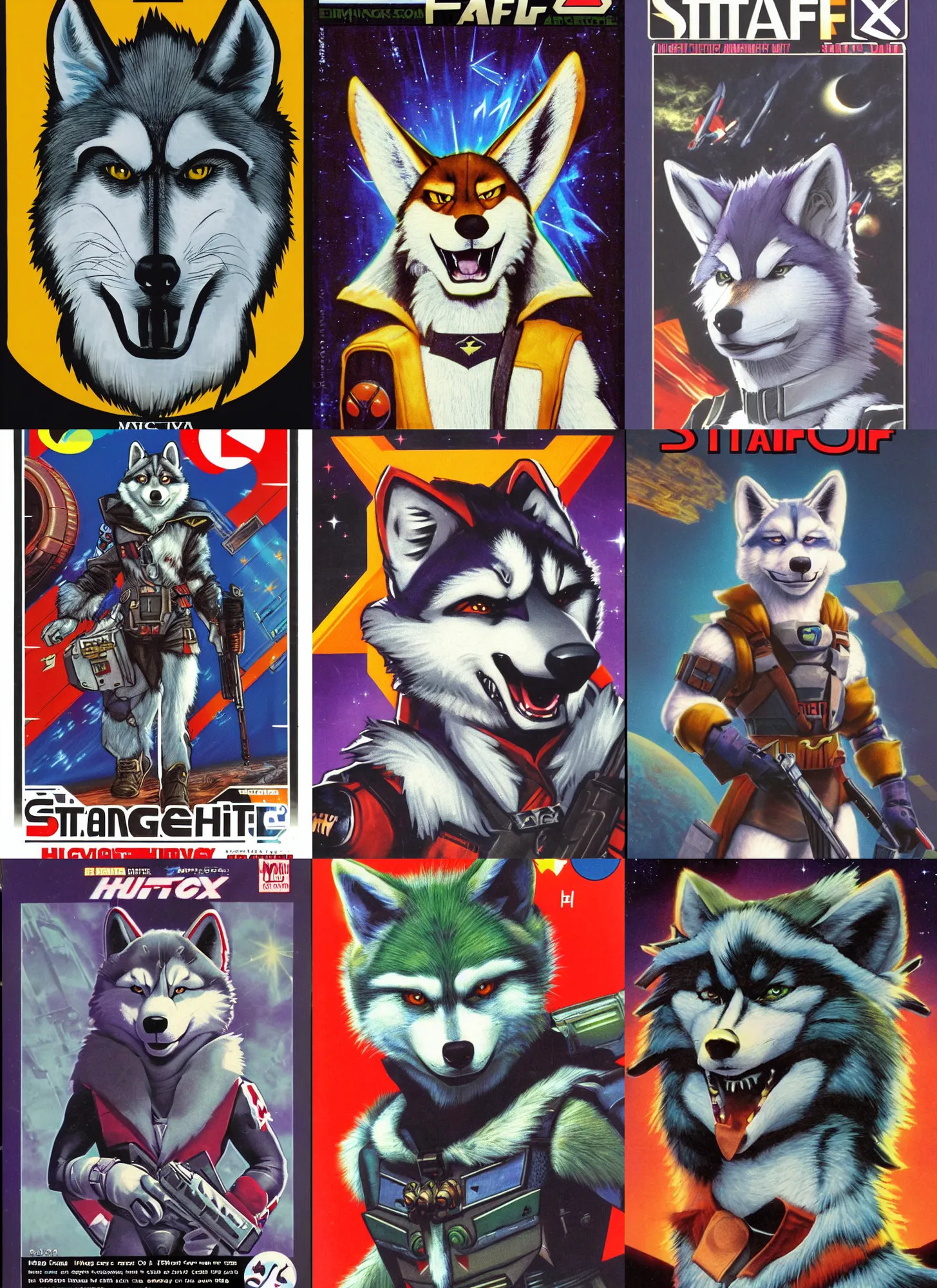 Prompt: 1 9 8 0 s video game art portrait of anthropomorphic husky from starfox fursona furry husky in a dark space mercenary uniform, looking heroic, magazine scan, 8 0 s game box art