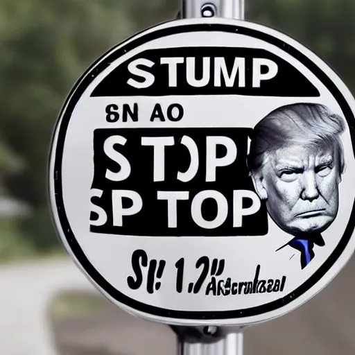 Image similar to a sticker that shows trump's face in black and white on a stop sign, close up, realistic, 8k.