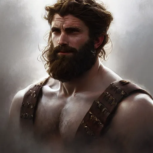 Image similar to portrait of a young rugged male barbarian, handsome, upper body, D&D, muscular, fantasy, intricate, elegant, highly detailed, digital painting, artstation, concept art, smooth, sharp focus, illustration, art by artgerm and greg rutkowski and alphonse mucha