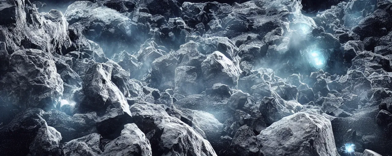 Image similar to ” asteroids made of diamonds and blood, [ bubbles, shards, facets, by michael whalen, cinematic, detailed, epic, widescreen, opening, establishing, mattepainting, photorealistic, realistic textures, octane render ] ”