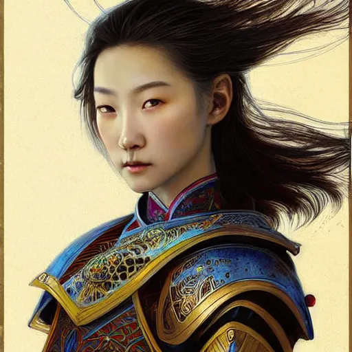 Image similar to beautiful and divine and holy and elite and colorlpunk young three kingdom chinese female armor knight portrait +shinnyy eyes+front face with light flowing hair, ultradetail face, art and illustration by tian zi and craig mullins and WLOP and alphonse mucha, fantasy, intricate complexity, human structure, human anatomy, fantasy character concept, watermark, blurry, hyperrealism 8k