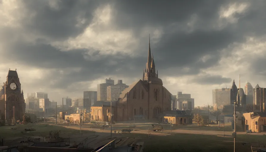 Image similar to poor midwest city with church and square at cloudy day, volumetric light, hyperdetailed, artstation, cgsociety, 8 k