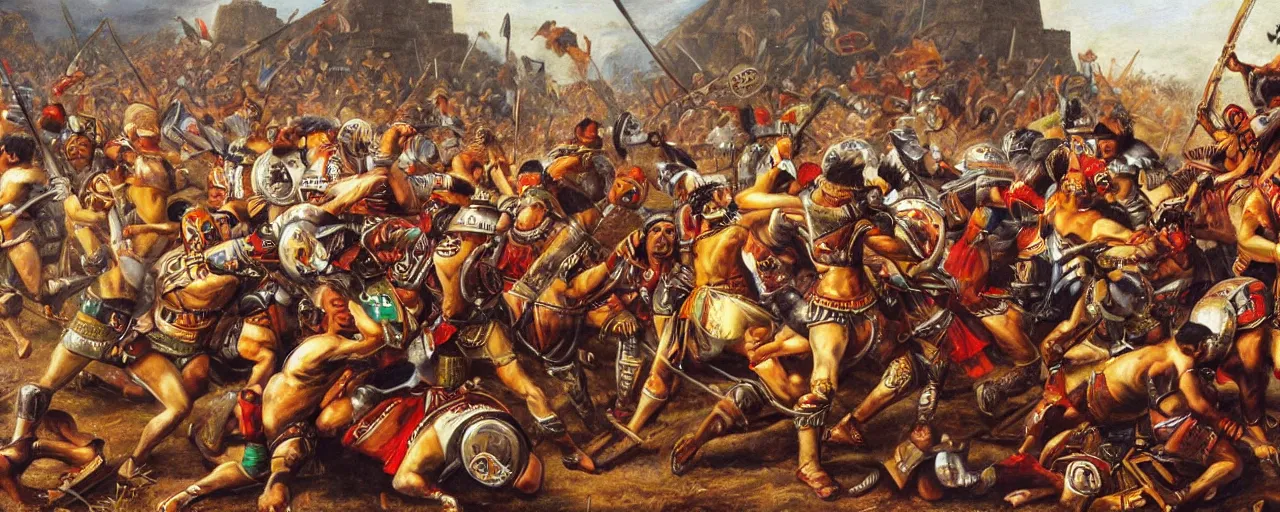 Image similar to spaniards conquerors fighting aztec warriors between the mexican pyramids, daniel lezama painting style, hyperrealistic
