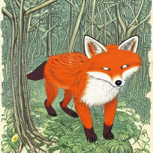 Image similar to an adventurous anthropomorphic fox walking through a lush forest, James jean