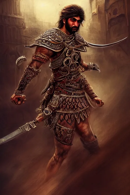 Image similar to portrait of a Persian Prince fighting at war, warrior, brutal battle, handsome prince of persia, attractive young man, heroic pose, persian style architecture, dramatic lighting, dark and horror, action and tragedy, dust and blood, intricate, wild, highly detailed, digital painting, artstation, concept art, smooth, sharp focus, illustration, art by artgerm and greg rutkowski and alphonse mucha, footage from space camera