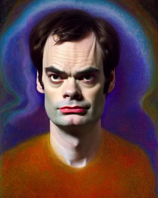 Image similar to portrait of bill hader, unusual beauty, etheric, outworldly colours, emotionally evoking symbolic metaphors, head in focus, fantasy, ornamental, intricate, elegant, highly detailed painting style photo, artstation, concept art, painterly, golden ratio, sharp focus, illustration, art by john william godward and leonora carrington,