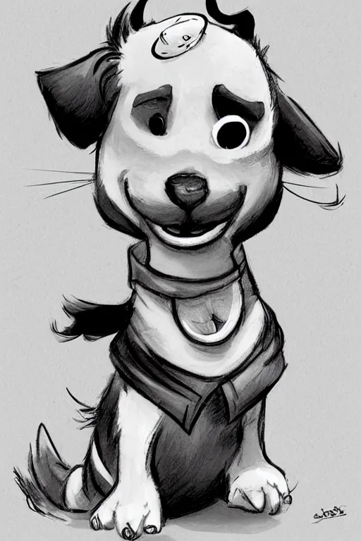 Prompt: cute jack black and white russel terrier scratching his ear, large round eyes, living room, sketch, concept art, game art, character sheet, character design, sketch by cory loftis and bill schwab