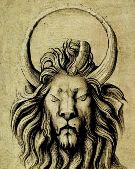 Image similar to four faces in one creature, jesus face, eagle beak, lion mane, two large horns on the head, drawn by da vinci. symmetrical