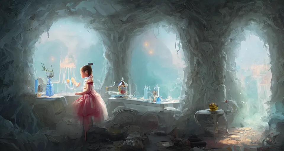 Image similar to a child girl in a white dress drinking tea in a room constructed out of warping tea cups by peter mohrbacher, vivid colors, matte painting, 8K, concept art, mystical color scheme, trending on artstation