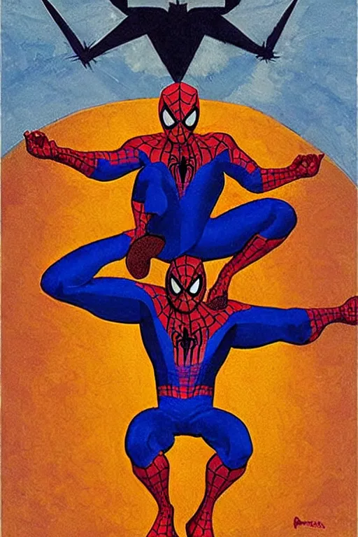 Image similar to spiderman, marvel, artwork by nicholas roerich