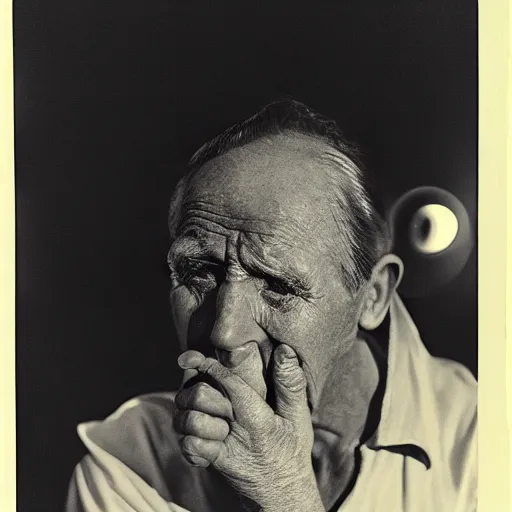 Image similar to a photo of a old man crying with glowing white eyes, photo by george hurrell