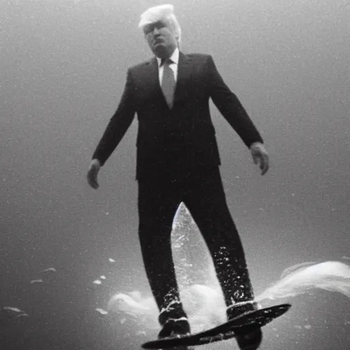 Image similar to dark footage of donald trump walking around the bottom of the ocean