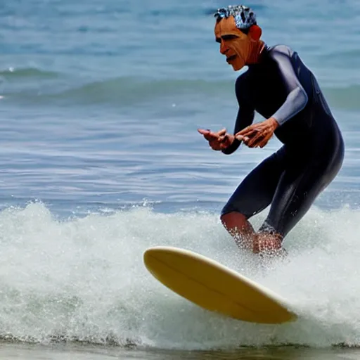 Image similar to obama surfing in rough water, holding a drink, vacation photo, high detail realistic