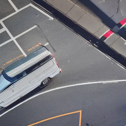 Image similar to A overhead shot taken from the second floor of a brown man parallel parking a white work van, in Vancouver, BC