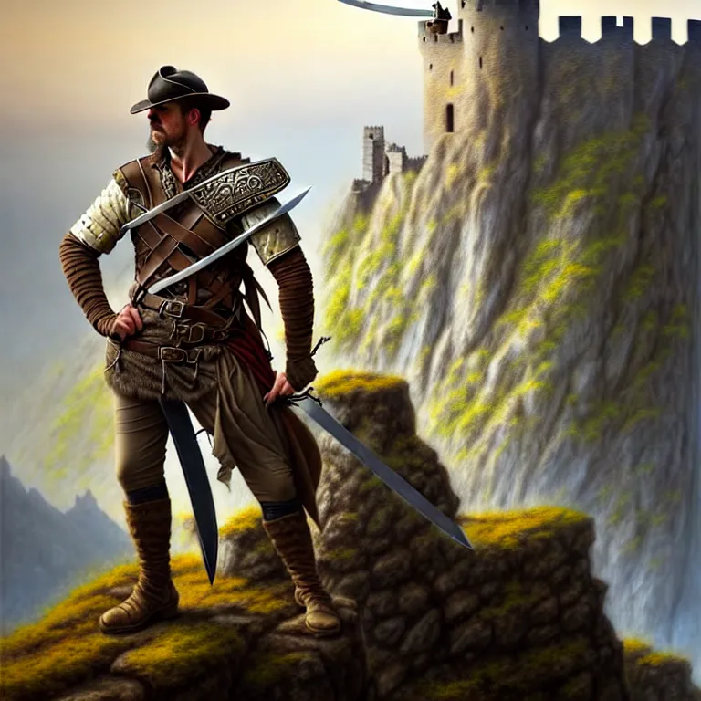 Image similar to middle age ranger with rugged expressions falcon pet on his shoulder holding a high detailed long sword, top a cliff observing old ruins of a castle, elegant clothing, photorealistic render, matte painting, highly detailed, artstation, smooth, sharp focus, art by michael whelan, artgerm, greg rutkowski