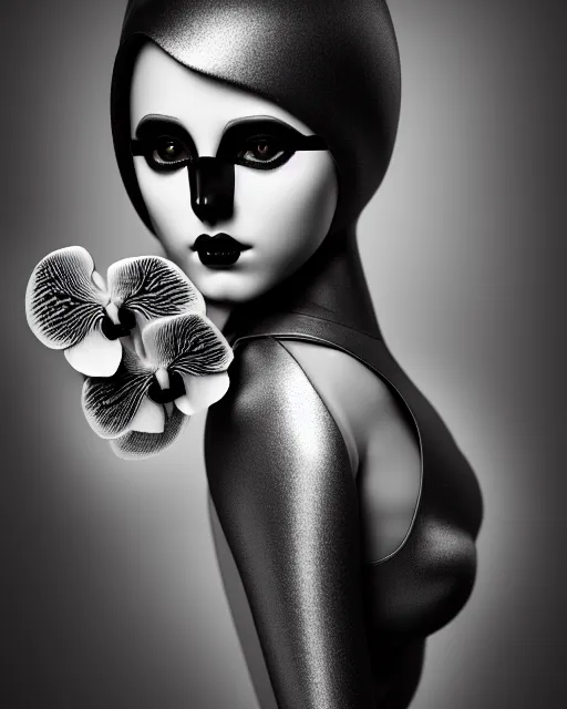 Prompt: surreal mythical dreamy dark artistic black and white fine art 3 / 4 fashion portrait photo of a young beautiful delicate female robot - owl with orchid - doll face, rim light, cinematic, studio dramatic light, poetic, masterpiece, octane render, 8 k, photo - realistic by gustave dore hg giger and man ray