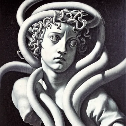 Image similar to Medusa by Caravaggio with face of Marjorie Taylor Greene