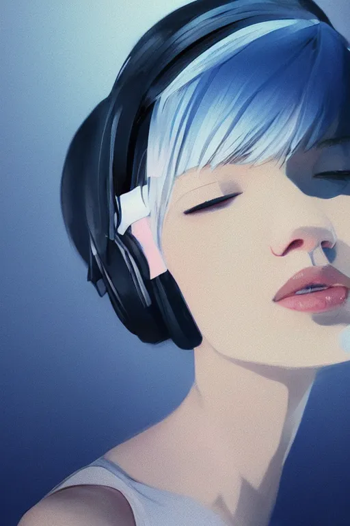 Image similar to a cute young woman lying on a couch while listening to music with her eyes closed and wearing headphones by Ilya Kuvshinov and Range Murata, white bob cut hair, blue filter, blue and white, soft lighting, atmospheric, cinematic, moody, digital painting, 8k