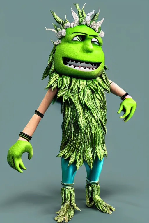 Prompt: it is a lovely green monster with small horns with blue and green stripes on its head, flowing green curly hair, dark green pants, diamond necklace, thorny arm rings on its wrist, and a cloak behind it, 3 d modeling effect, cartoon image design, 3 d