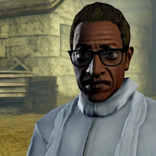 Prompt: in - game screenshot of gustavo fring in skyrim