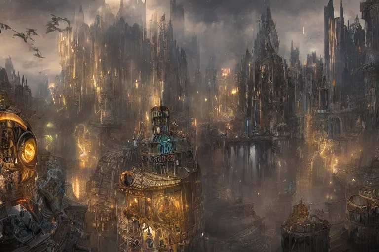 Prompt: Landscape imagery of a city mixed of technology and magic, wizards and machines, steampunk, dungeons and dragons, artificer, 8k, realistic,
