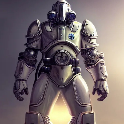 Image similar to perfectly - centered!! looking at the camera!!! low - angle!! portrait of fallout brotherhood in white power armor with cowboy hat, intricate artwork, by tooth wu, wlop, beeple, dan mumford. concept art, octane render, deviantart, greg rutkowski, cinematic arthouse, key art, hyper realism, iridescent accents