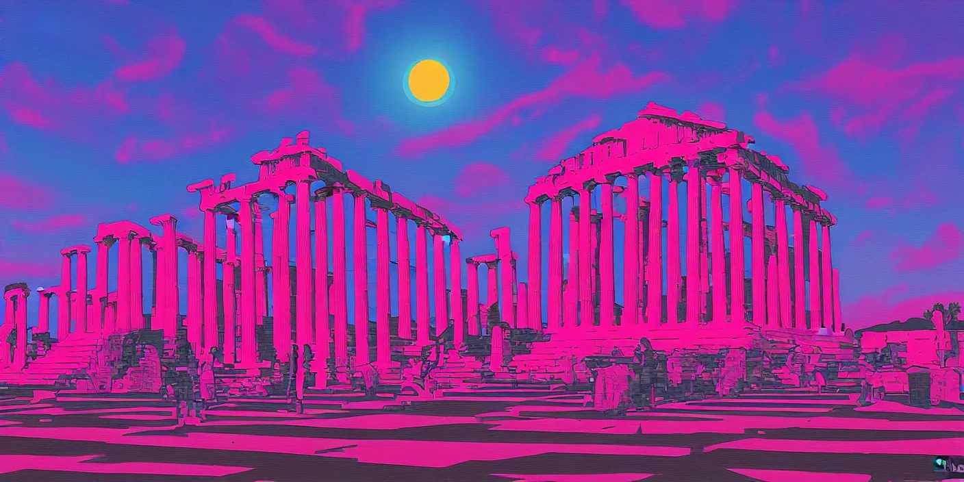 Image similar to the school of athenes paiting in synthwave style