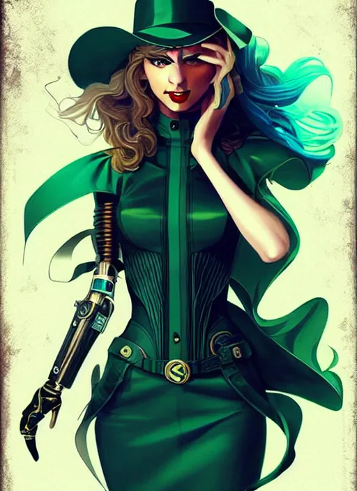 Image similar to style artgerm, joshua middleton, taylor swift with green dress, very long blue hair, symmetrical face, symmetrical eyes, steampunk western gunslinger with cyborg arm, cinematic lighting