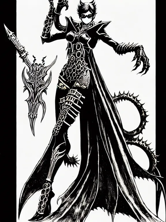 Prompt: bayonetta as a d & d monster, full body, pen - and - ink illustration, etching, by russ nicholson, david a trampier, larry elmore, 1 9 8 1, hq scan, intricate details